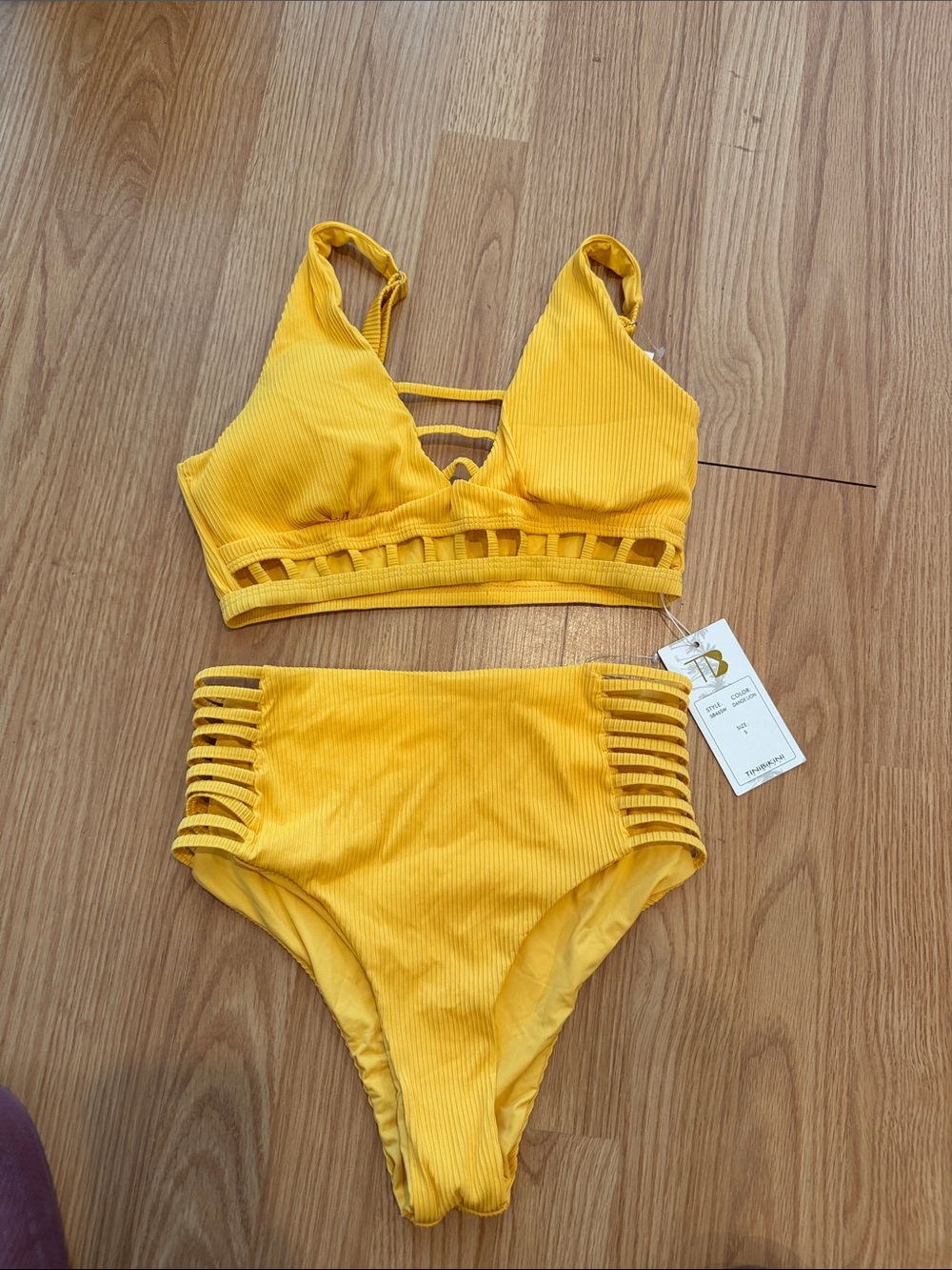 Yellow Ribbed Cutout High-Waist Bikini Set